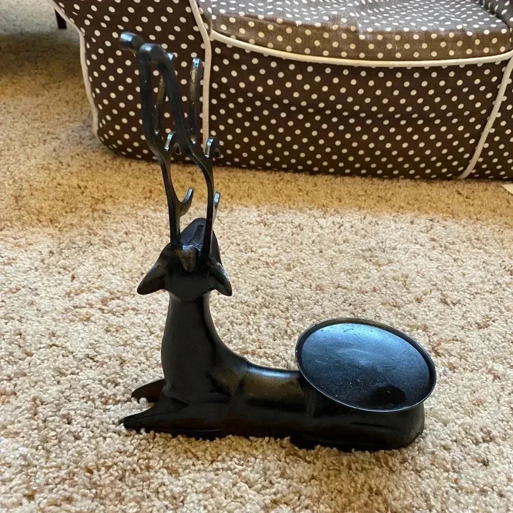 Oil rubbed Bronze sitting reindeer pillar candle holder decor